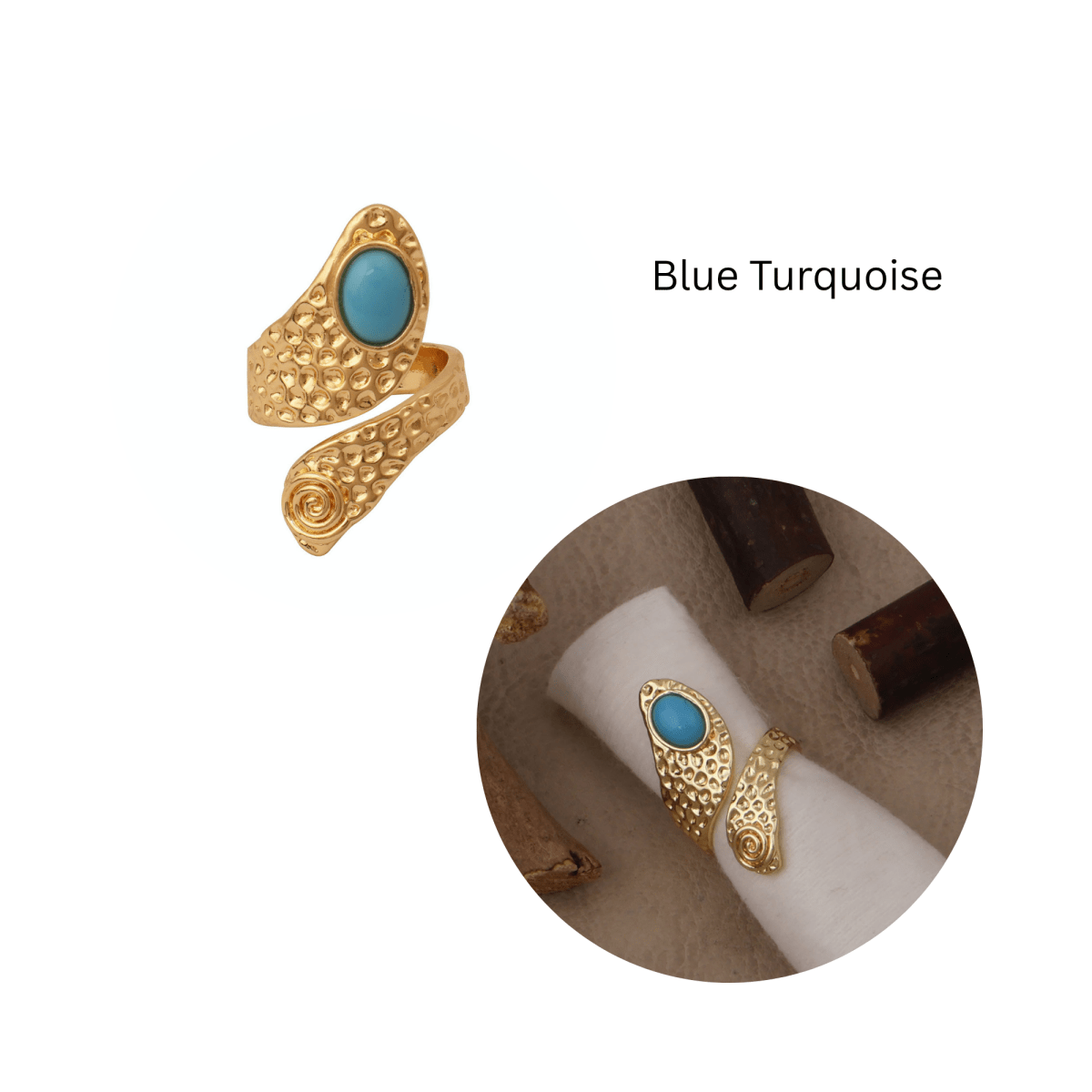 Natural Blue Turquoise Gemstone With Gold Plated Hammered Style Statement Rings CR - 1015