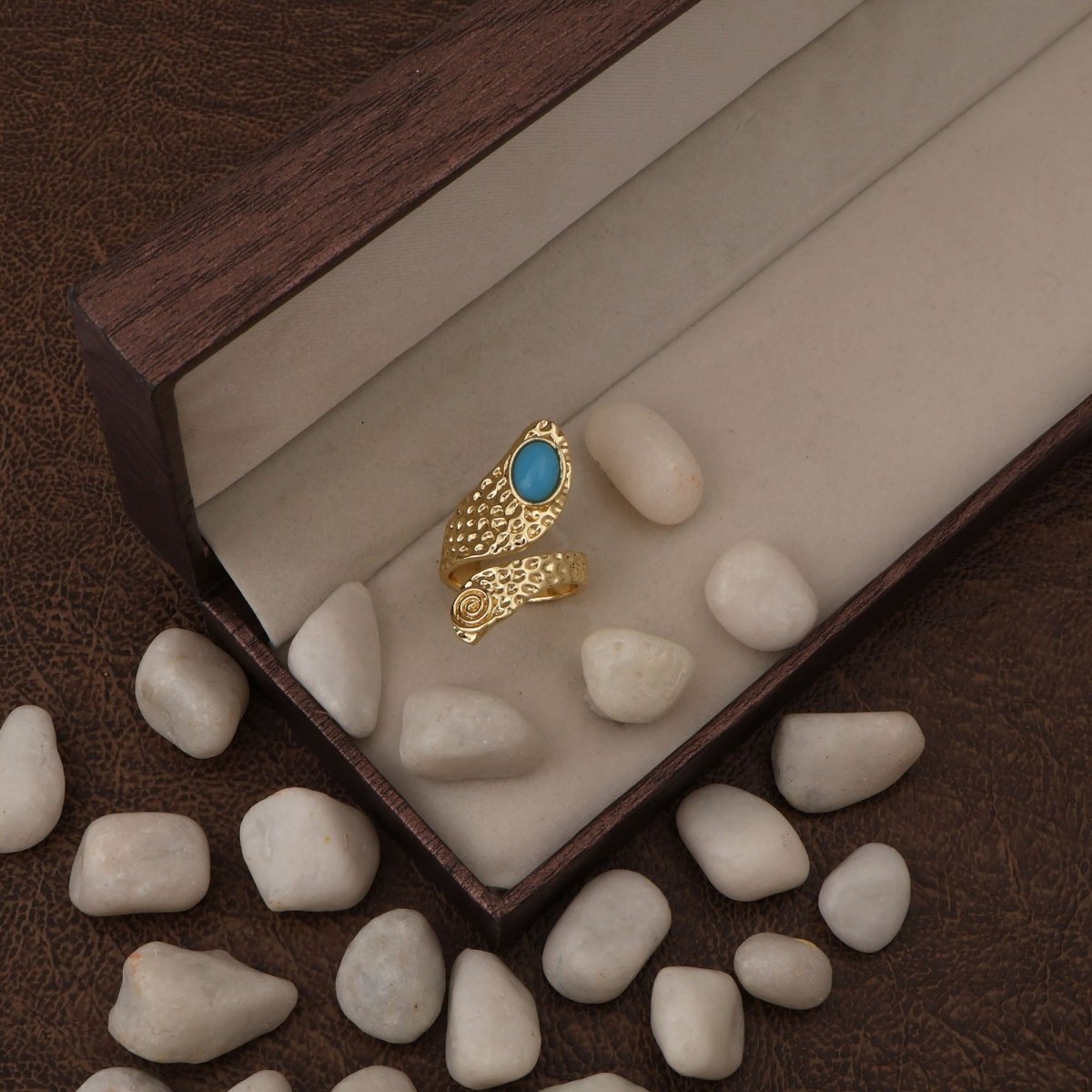 Natural Blue Turquoise Gemstone With Gold Plated Hammered Style Statement Rings CR - 1015