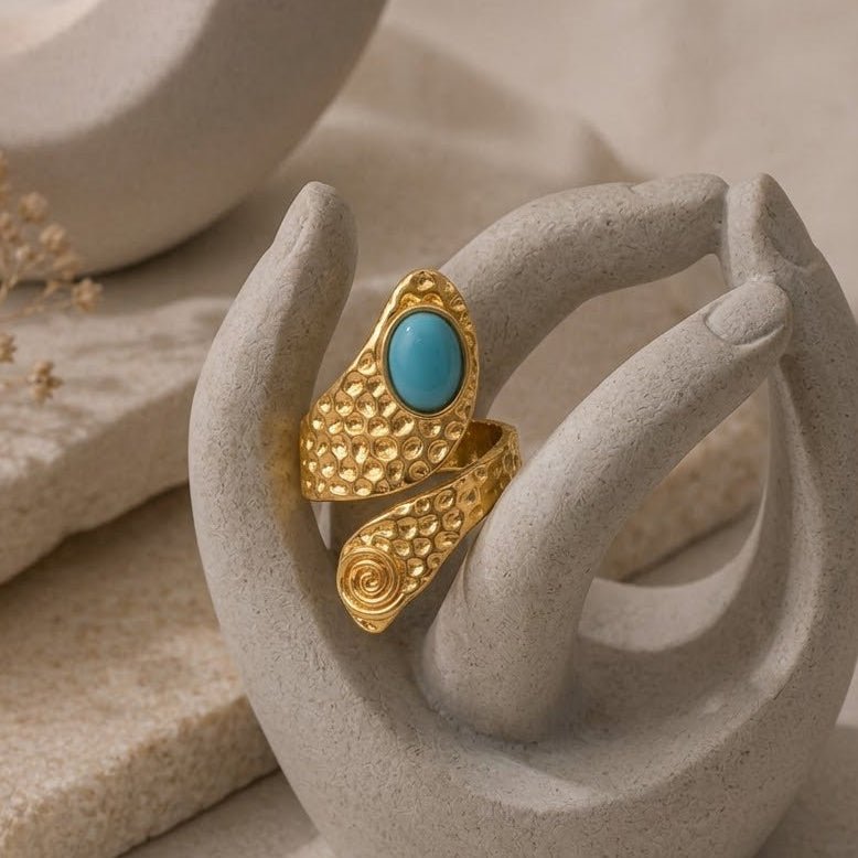 Natural Blue Turquoise Gemstone With Gold Plated Hammered Style Statement Rings CR - 1015
