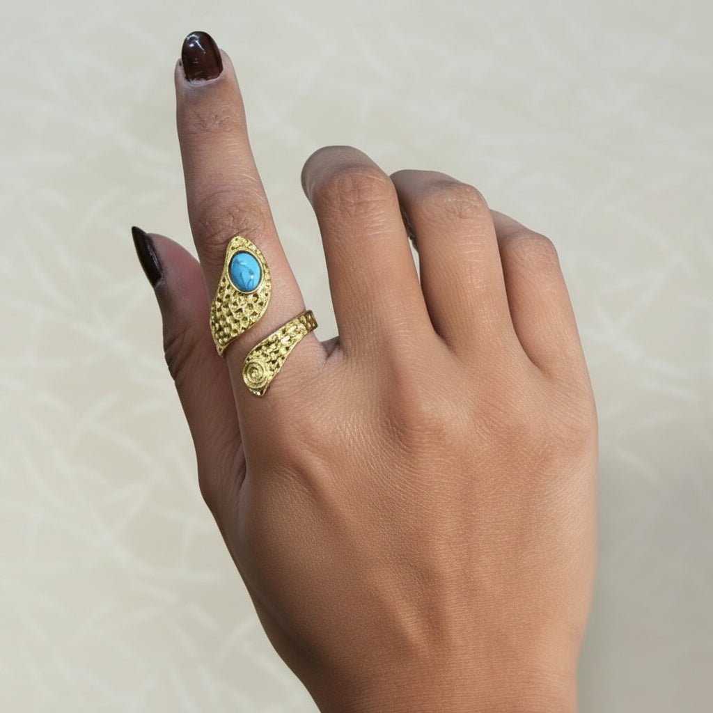 Natural Blue Turquoise Gemstone With Gold Plated Hammered Style Statement Rings CR - 1015
