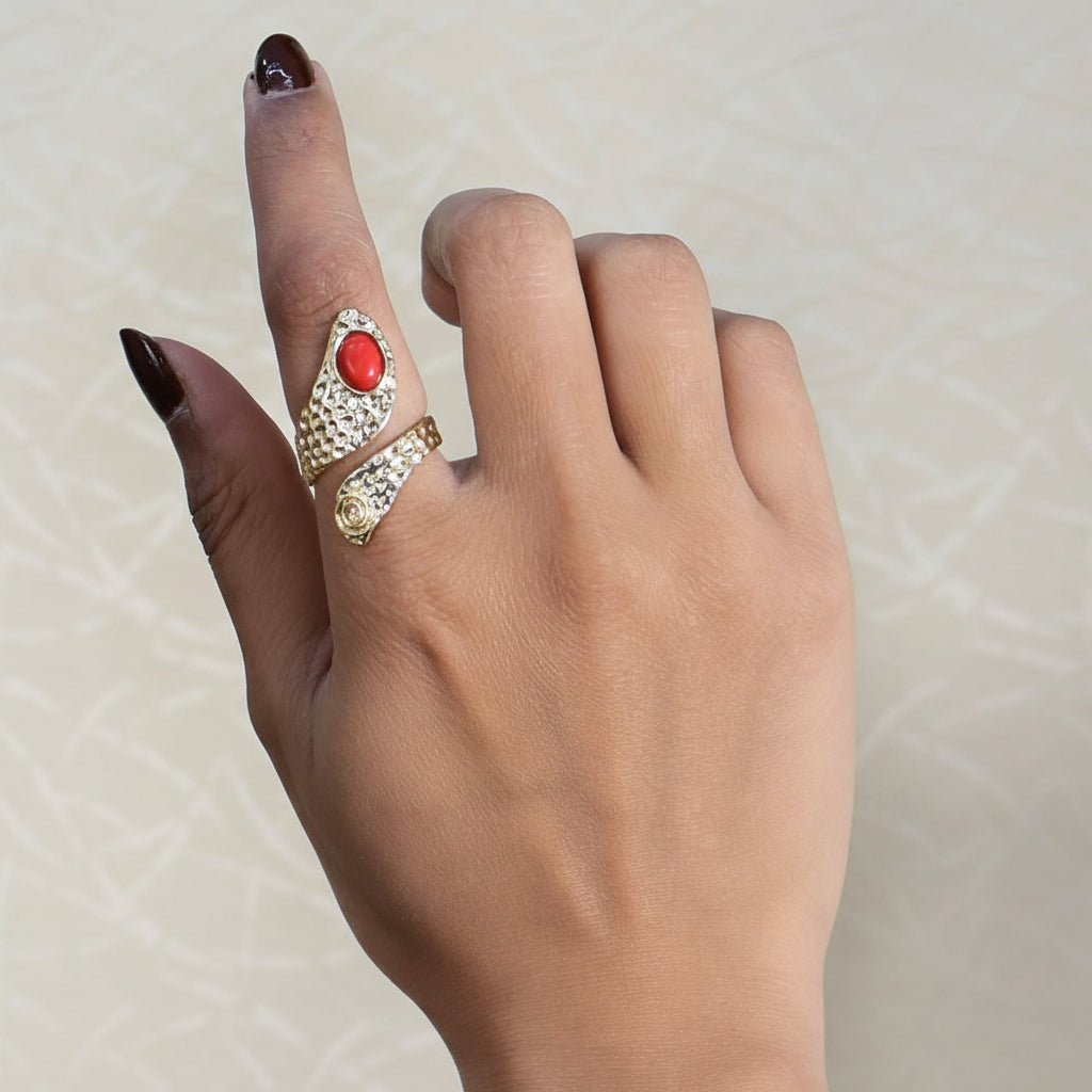Natural Blue Turquoise Gemstone With Gold Plated Hammered Style Statement Rings CR - 1015