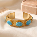 Natural Gemstone Blue Turquoise Bangles, Chunky Gold Plated Cuff Jewelry 5440