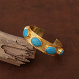 Natural Gemstone Blue Turquoise Bangles, Chunky Gold Plated Cuff Jewelry 5440