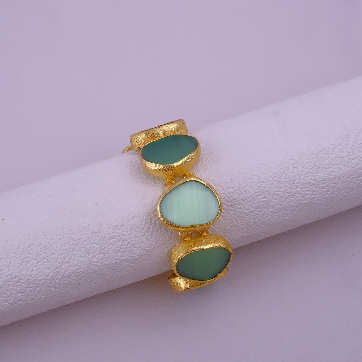 Natural Gemstone Green Cat's Eye, Gold Plated Statement Bracelet 5265