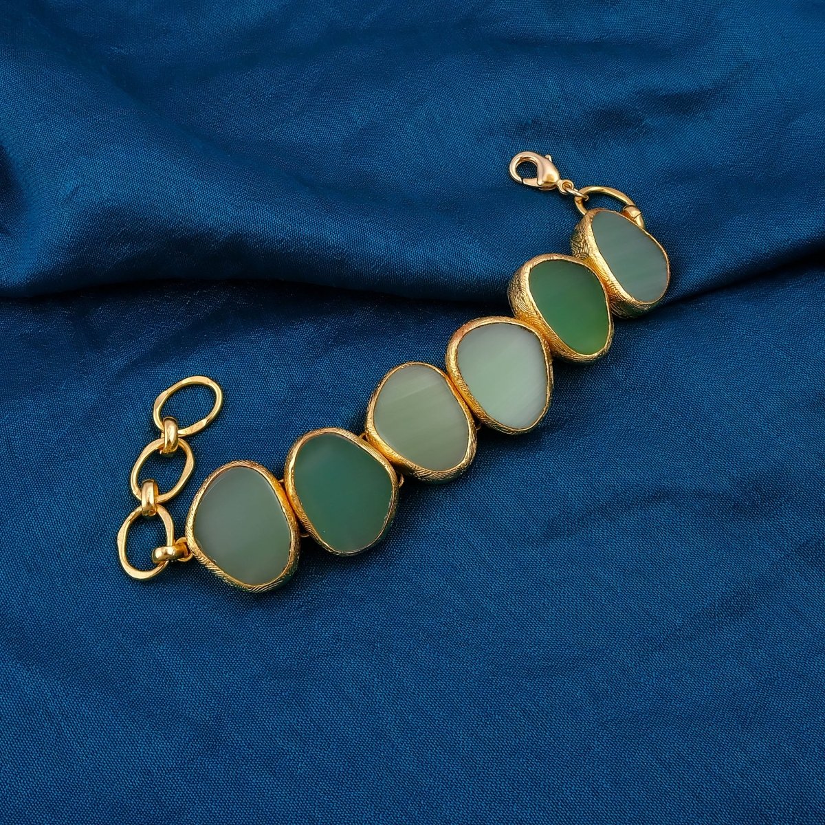 Natural Gemstone Green Cat's Eye, Gold Plated Statement Bracelet 5265