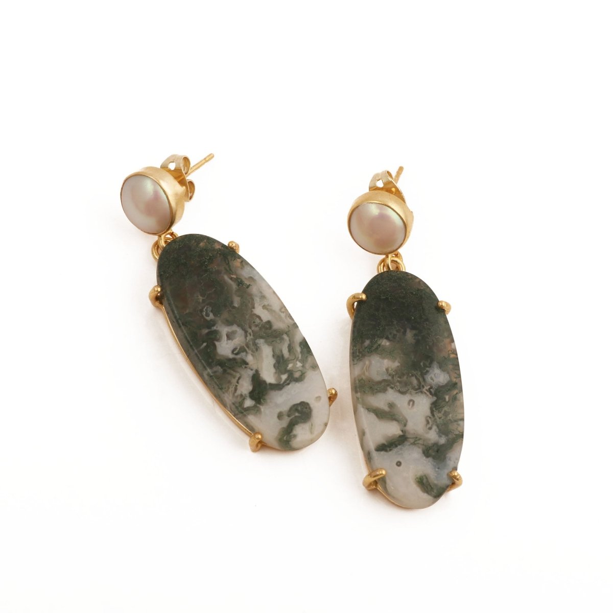Natural Gemstone Moss Agate and Pearl Dangle Drop Earrings, Birthstone Jewelry 5124