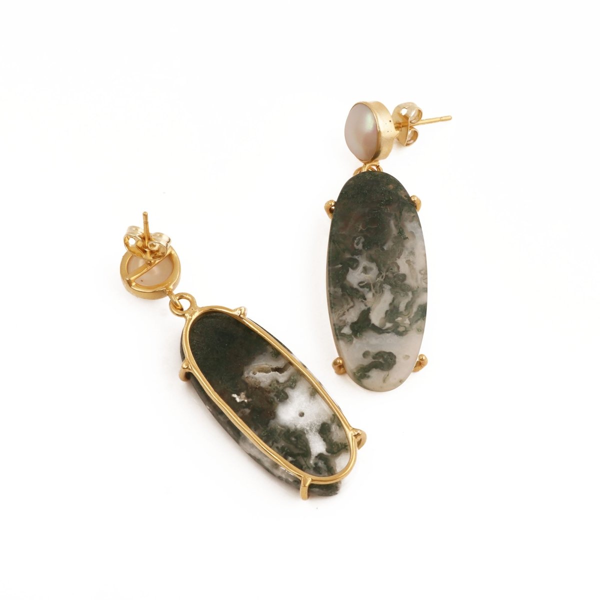 Natural Gemstone Moss Agate and Pearl Dangle Drop Earrings, Birthstone Jewelry 5124