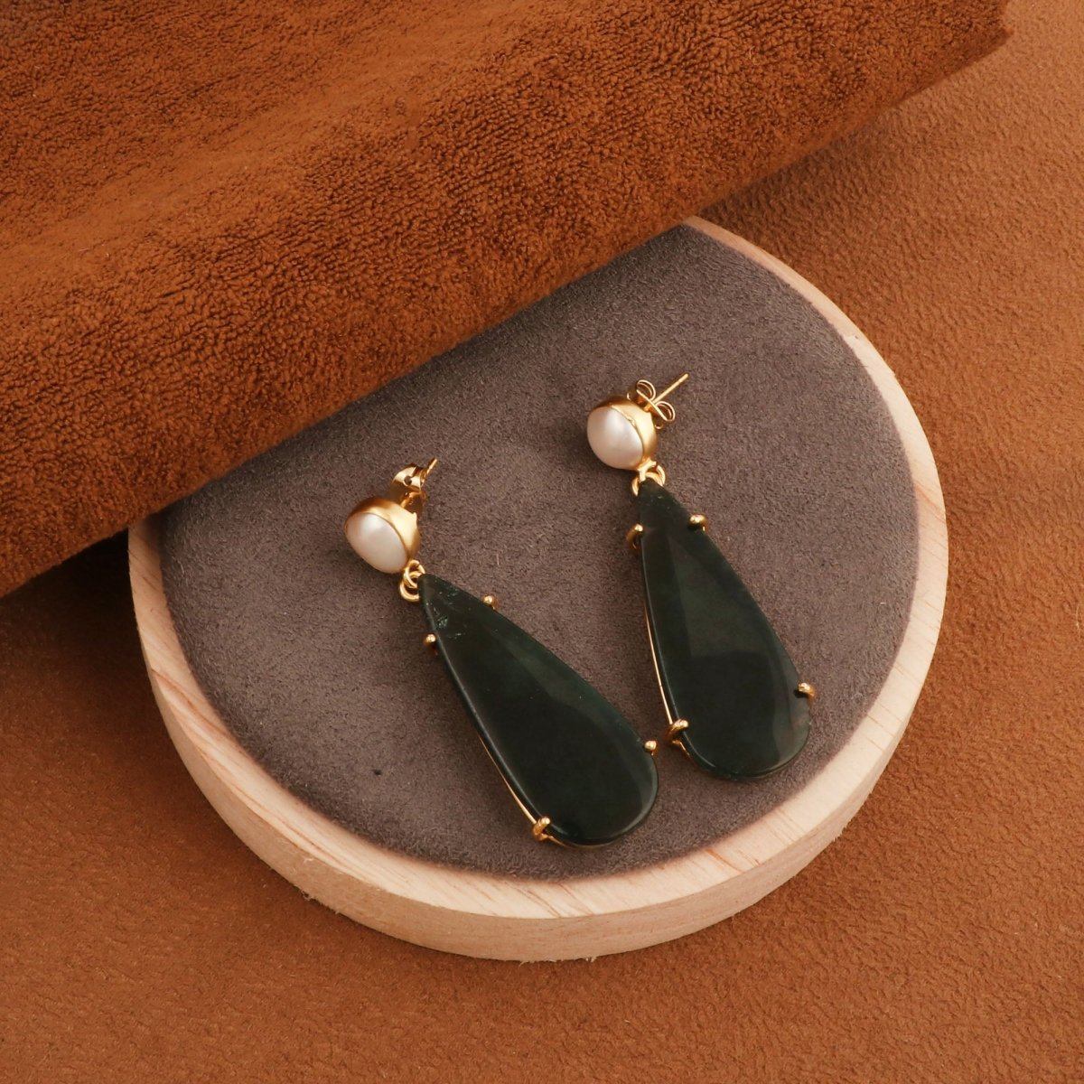 Natural Gemstone Moss Agate and Pearl Dangle Drop Earrings, Birthstone Jewelry 5124
