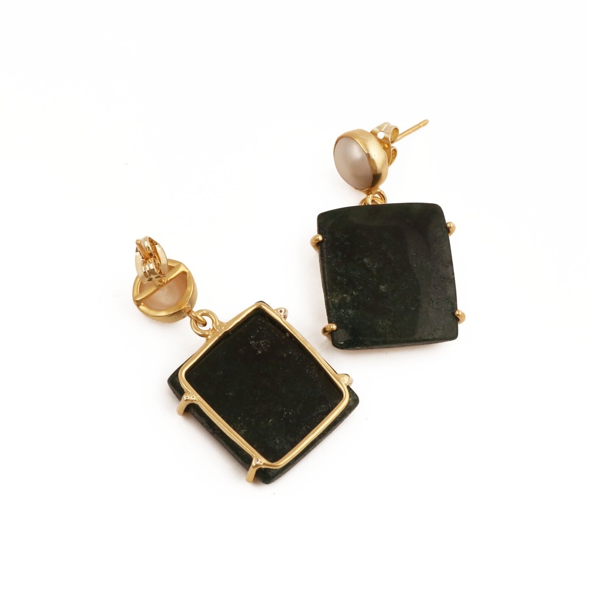 Natural Gemstone Moss Agate and Pearl Dangle Drop Earrings, Birthstone Jewelry 5124