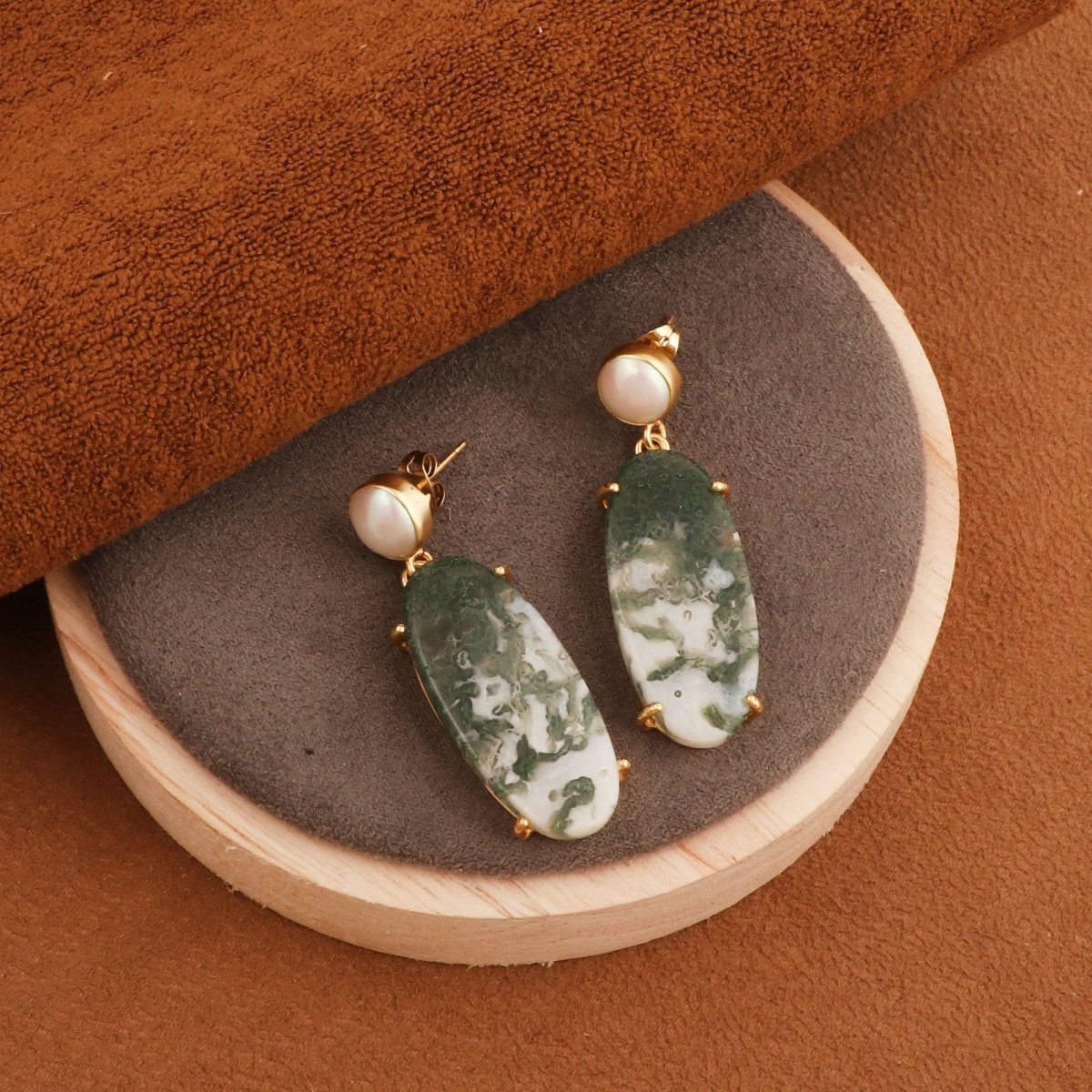 Natural Gemstone Moss Agate and Pearl Dangle Drop Earrings, Birthstone Jewelry 5124