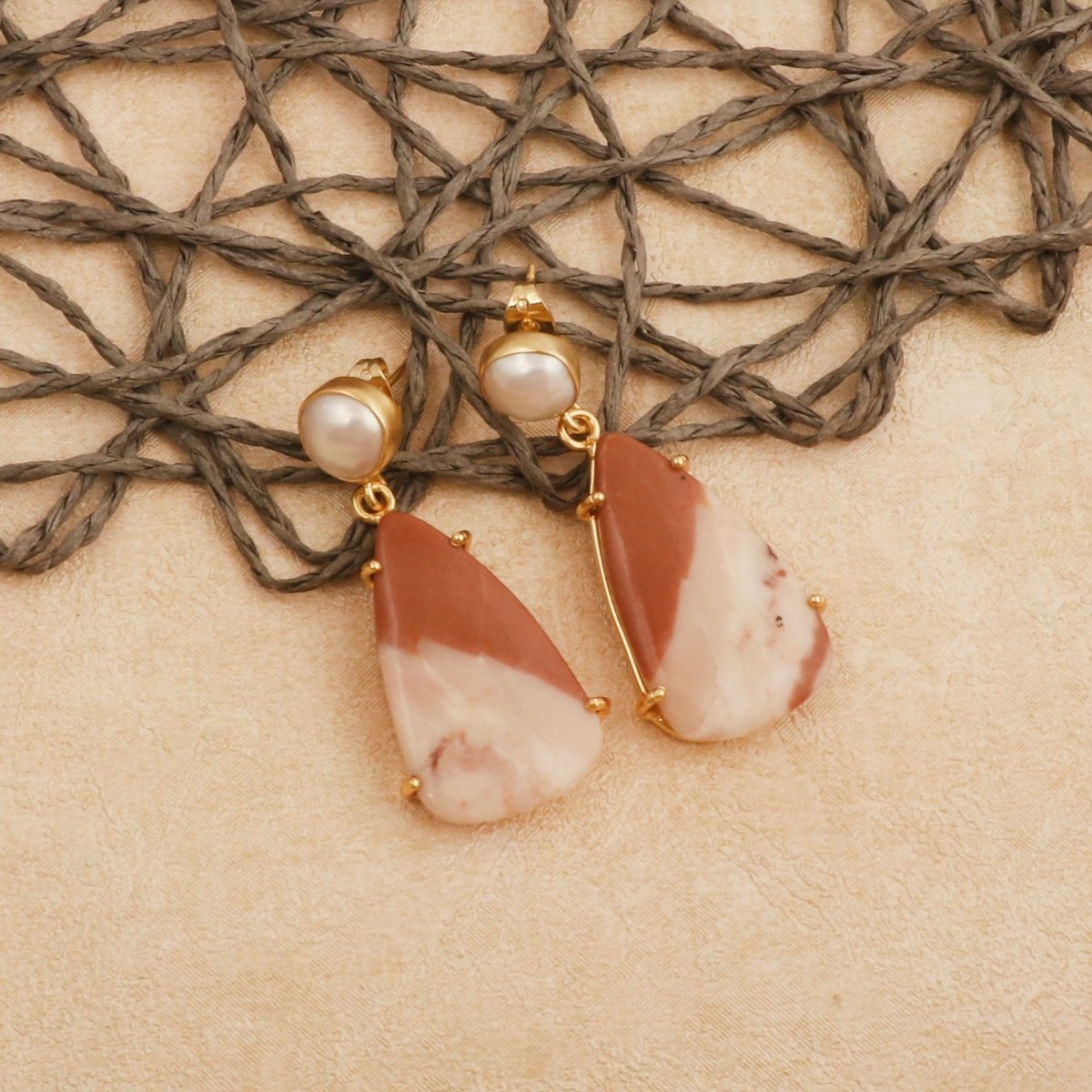 Natural Gemstone Moss Agate and Pearl Dangle Drop Earrings, Birthstone Jewelry 5124