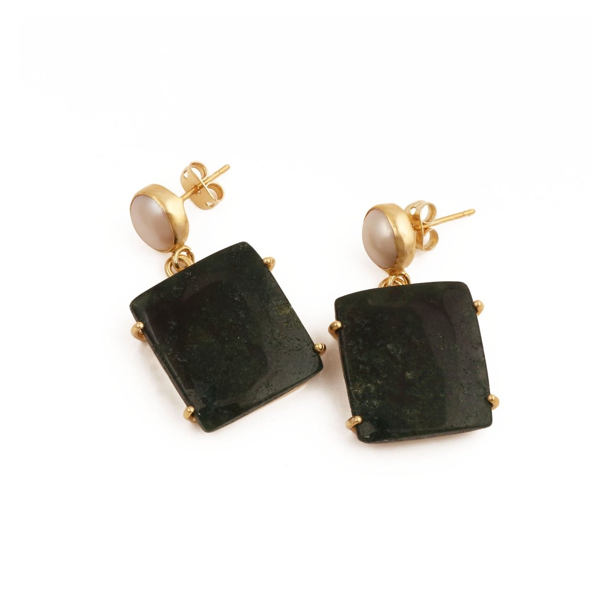 Natural Gemstone Moss Agate and Pearl Dangle Drop Earrings, Birthstone Jewelry 5124