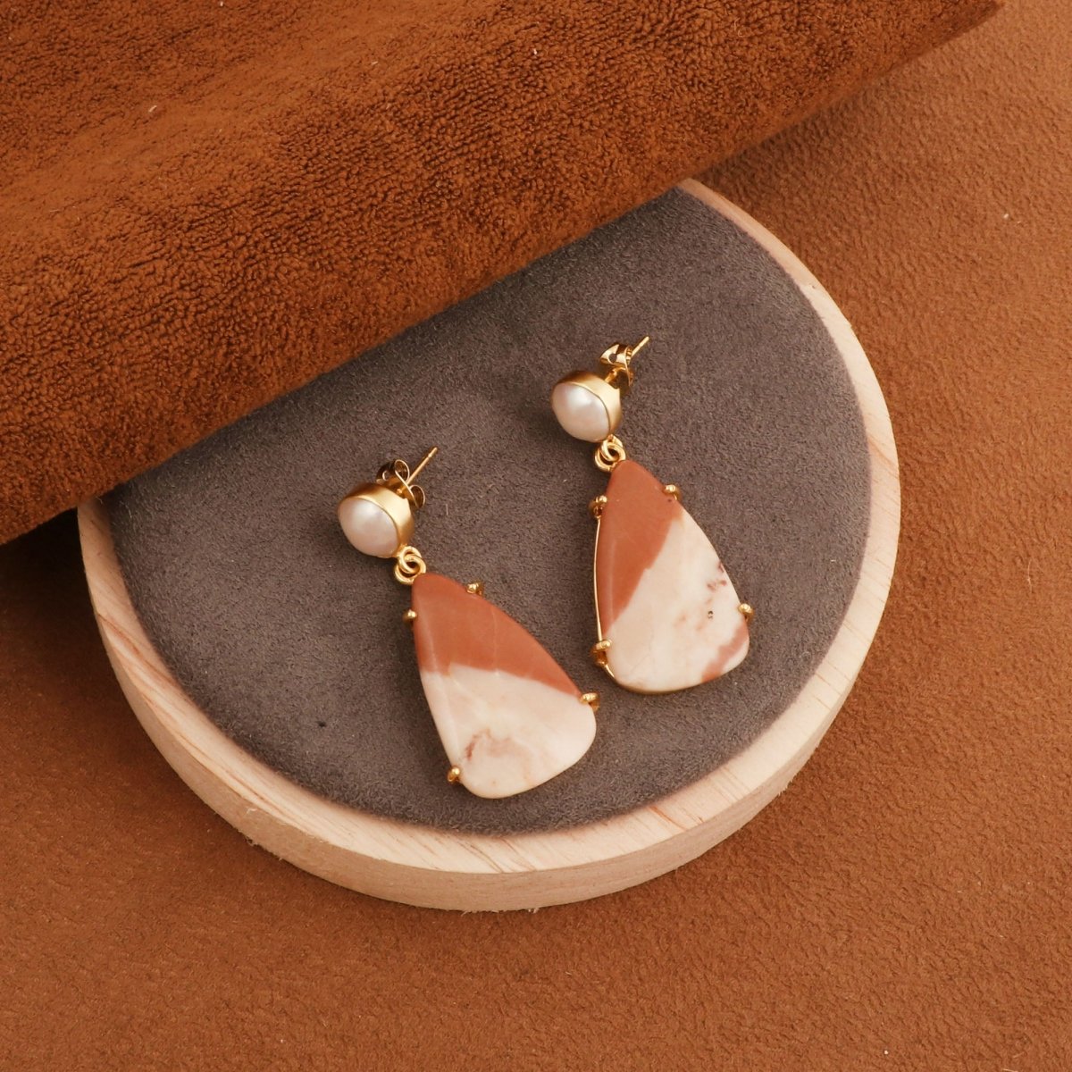 Natural Gemstone Moss Agate and Pearl Dangle Drop Earrings, Birthstone Jewelry 5124