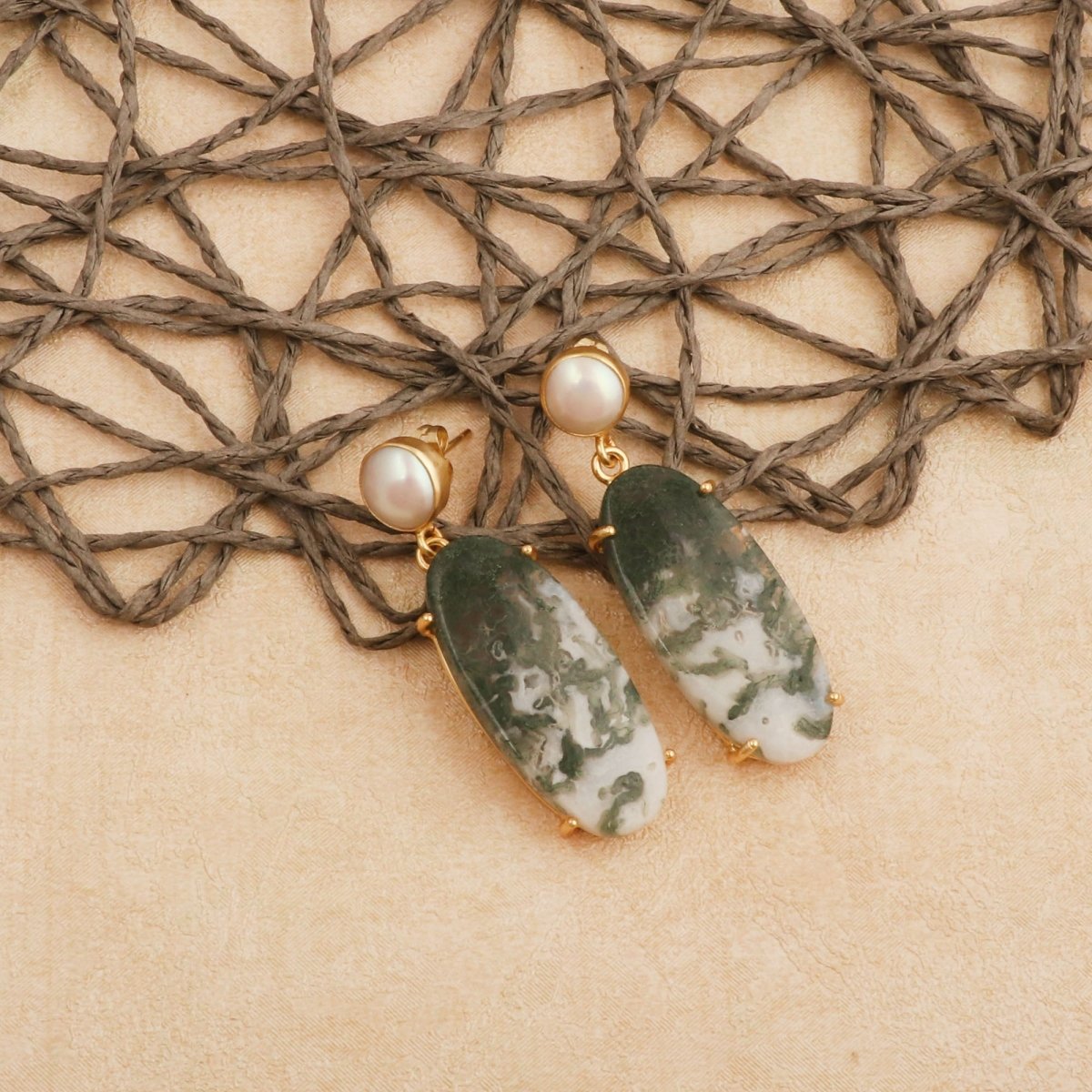 Natural Gemstone Moss Agate and Pearl Dangle Drop Earrings, Birthstone Jewelry 5124