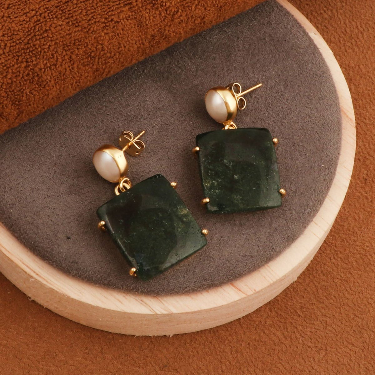 Natural Gemstone Moss Agate and Pearl Dangle Drop Earrings, Birthstone Jewelry 5124