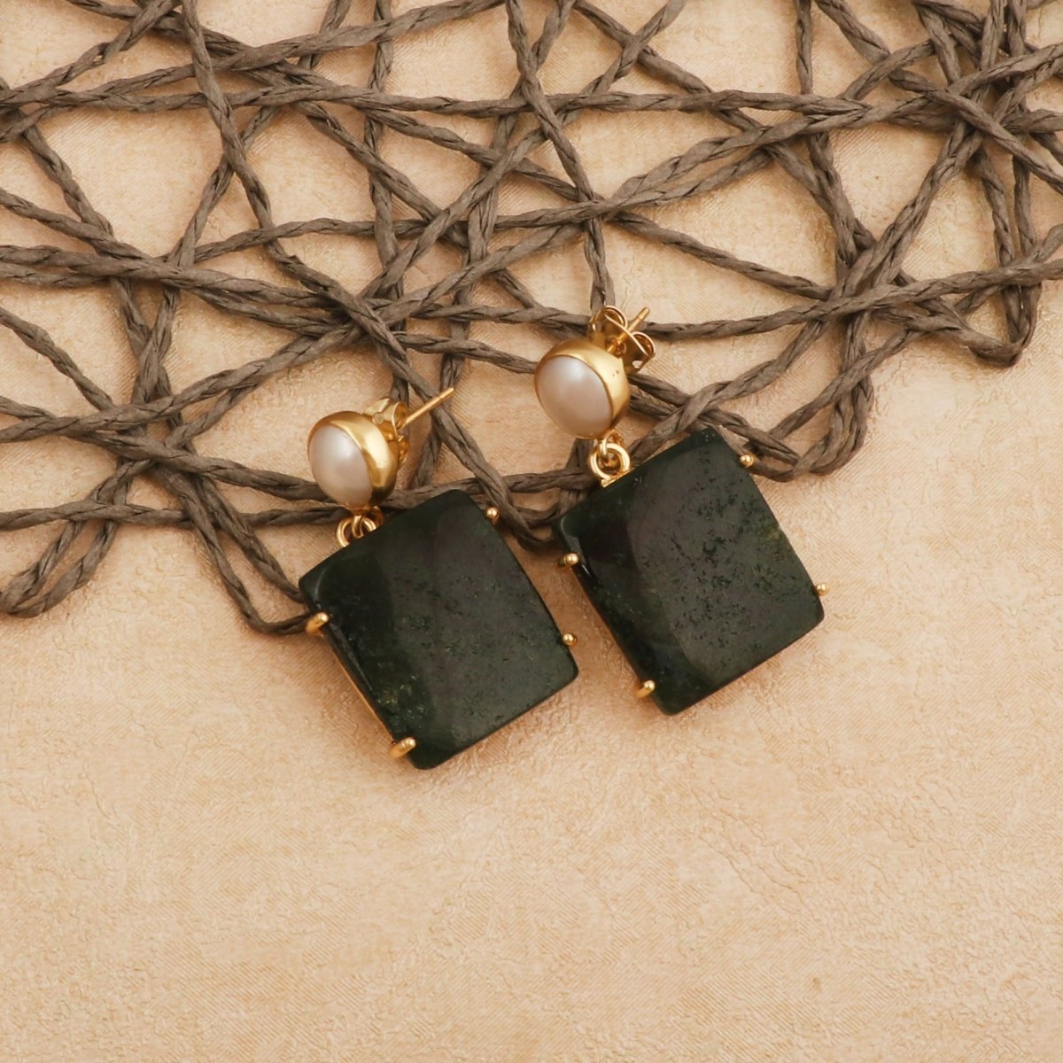 Natural Gemstone Moss Agate and Pearl Dangle Drop Earrings, Birthstone Jewelry 5124