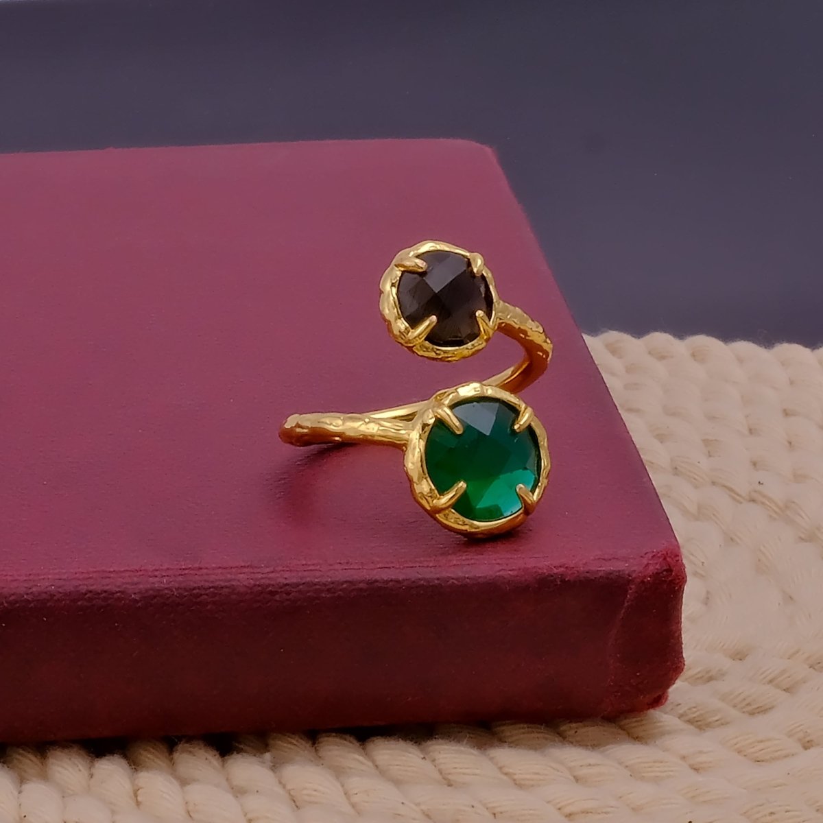 Natural Gemstone Peridot Double Gemstone Prong Set Rings, Gold Plated Jewelry CR-1004