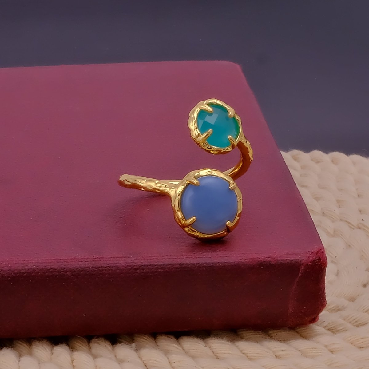 Natural Gemstone Peridot Double Gemstone Prong Set Rings, Gold Plated Jewelry CR-1004
