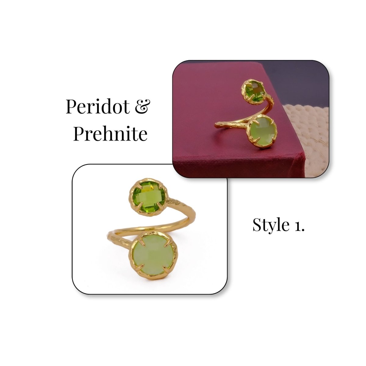 Natural Gemstone Peridot Double Gemstone Prong Set Rings, Gold Plated Jewelry CR-1004
