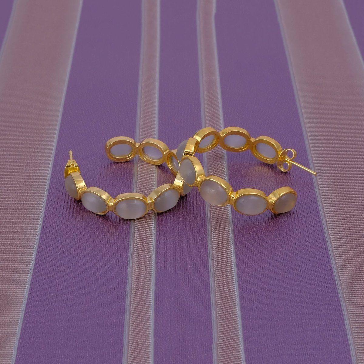 Natural Gemstone Pink Cats Eye Hoop Earrings, Gold Plated Birthstone Jewelry CE-1005