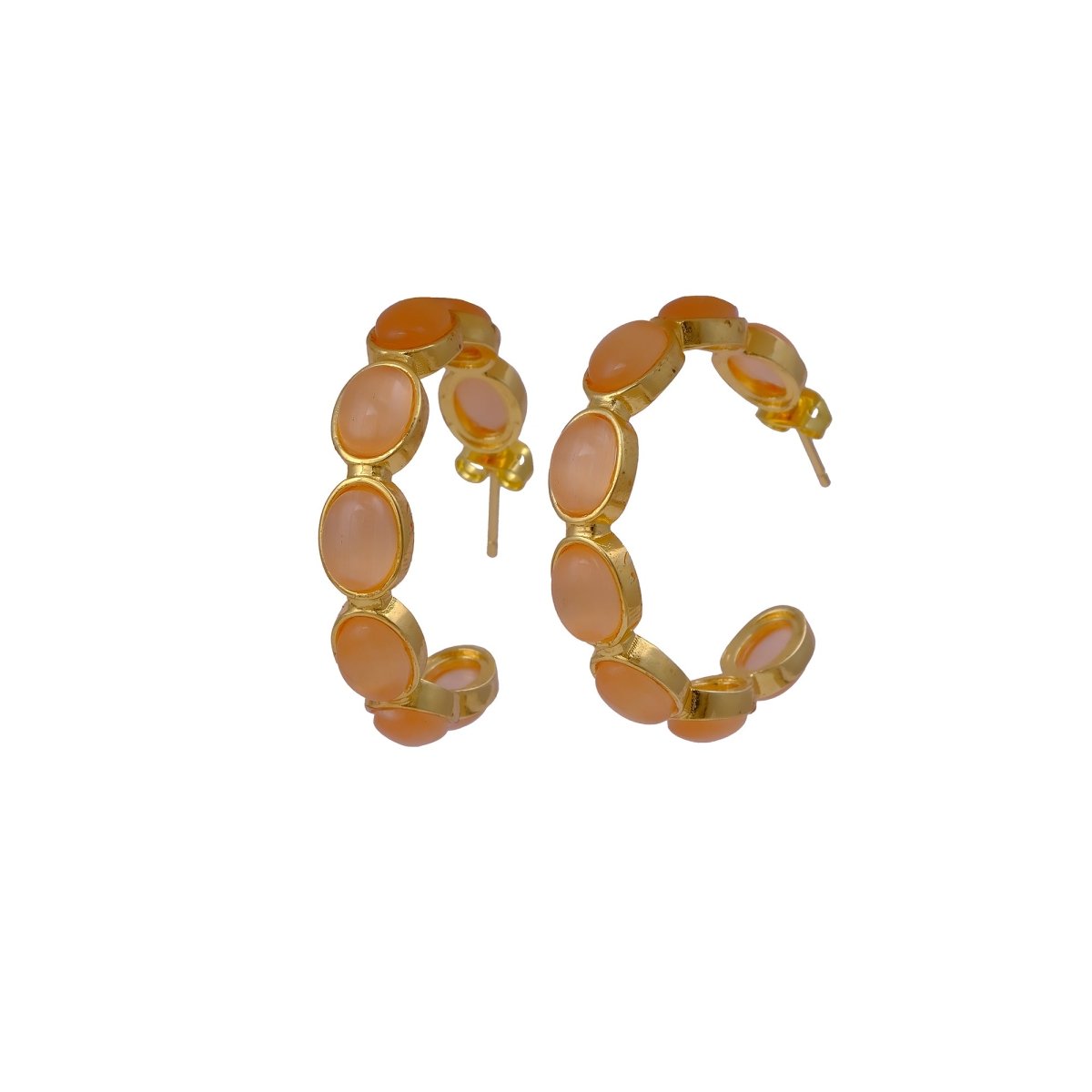 Natural Gemstone Pink Cats Eye Hoop Earrings, Gold Plated Birthstone Jewelry CE-1005