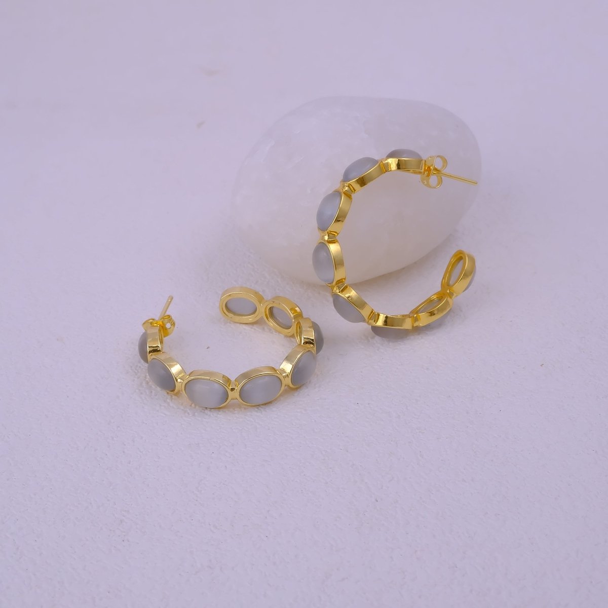 Natural Gemstone Pink Cats Eye Hoop Earrings, Gold Plated Birthstone Jewelry CE-1005