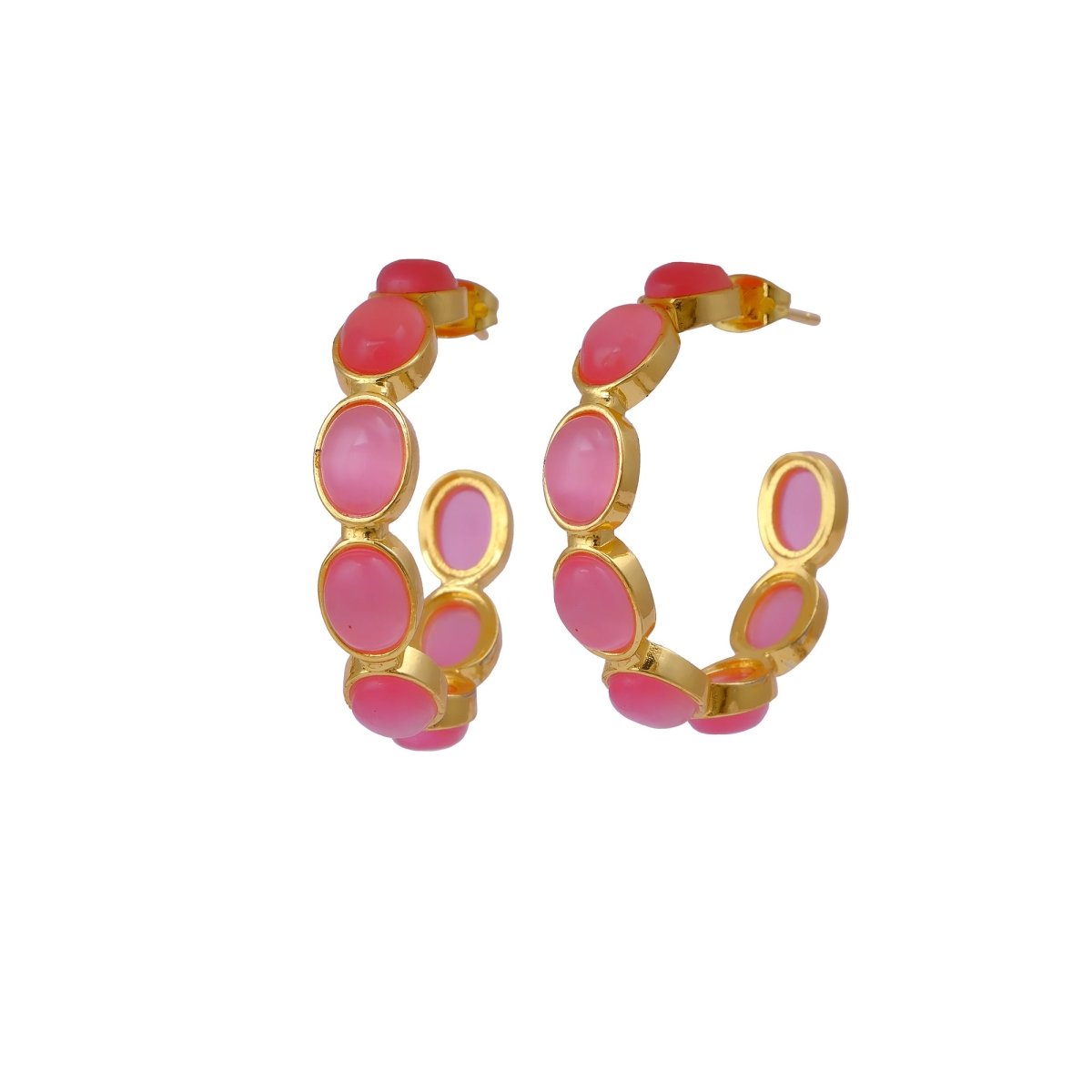 Natural Gemstone Pink Cats Eye Hoop Earrings, Gold Plated Birthstone Jewelry CE-1005