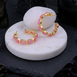 Natural Gemstone Pink Cats Eye Hoop Earrings, Gold Plated Birthstone Jewelry CE-1005