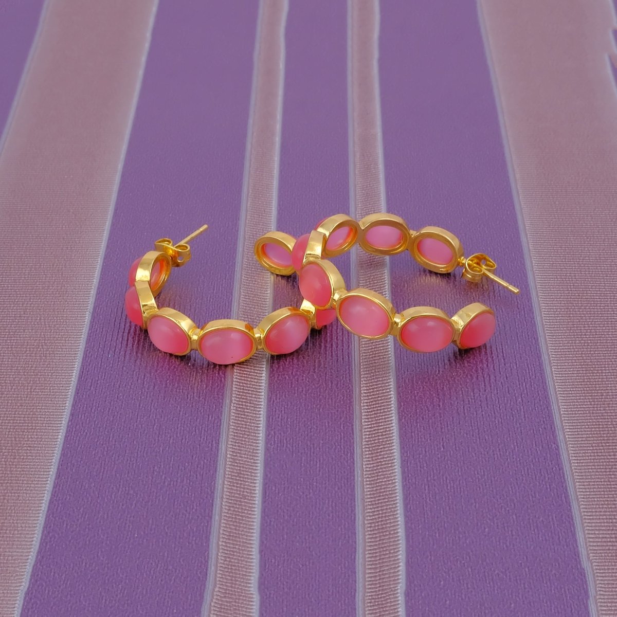 Natural Gemstone Pink Cats Eye Hoop Earrings, Gold Plated Birthstone Jewelry CE-1005