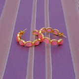 Natural Gemstone Pink Cats Eye Hoop Earrings, Gold Plated Birthstone Jewelry CE-1005