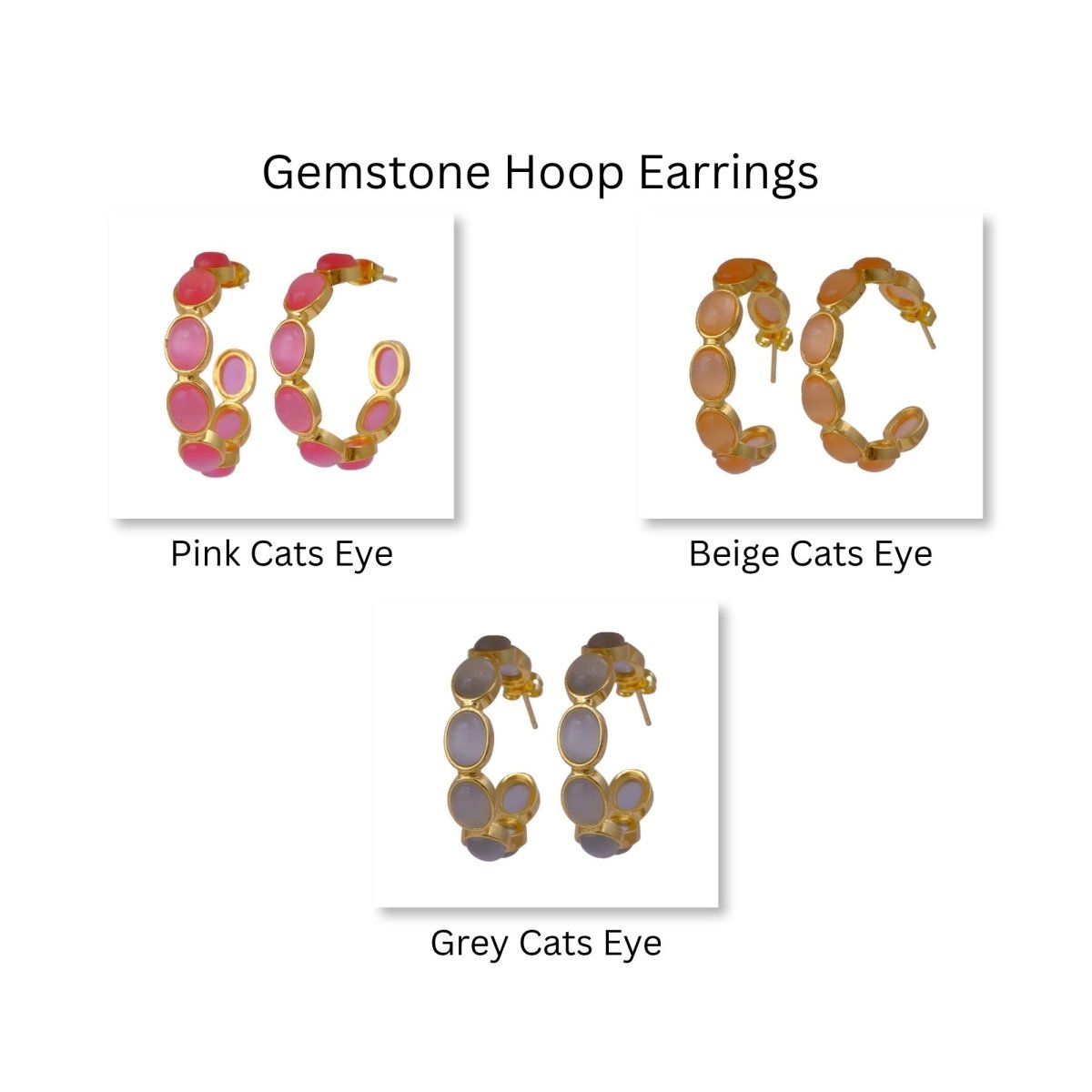 Natural Gemstone Pink Cats Eye Hoop Earrings, Gold Plated Birthstone Jewelry CE-1005