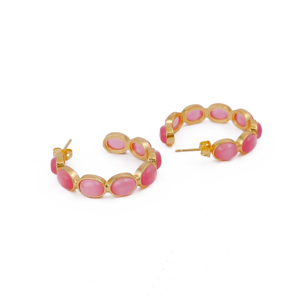 Natural Gemstone Pink Cats Eye Hoop Earrings, Gold Plated Birthstone Jewelry CE-1005