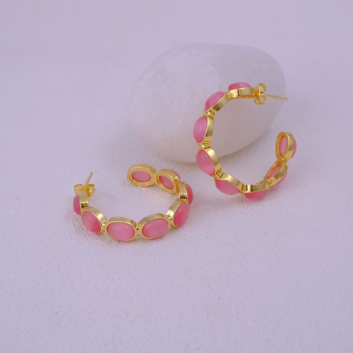 Natural Gemstone Pink Cats Eye Hoop Earrings, Gold Plated Birthstone Jewelry CE-1005