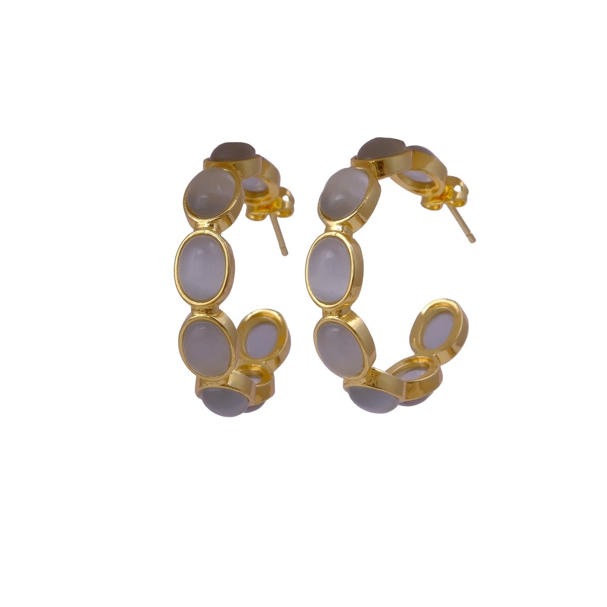 Natural Gemstone Pink Cats Eye Hoop Earrings, Gold Plated Birthstone Jewelry CE-1005