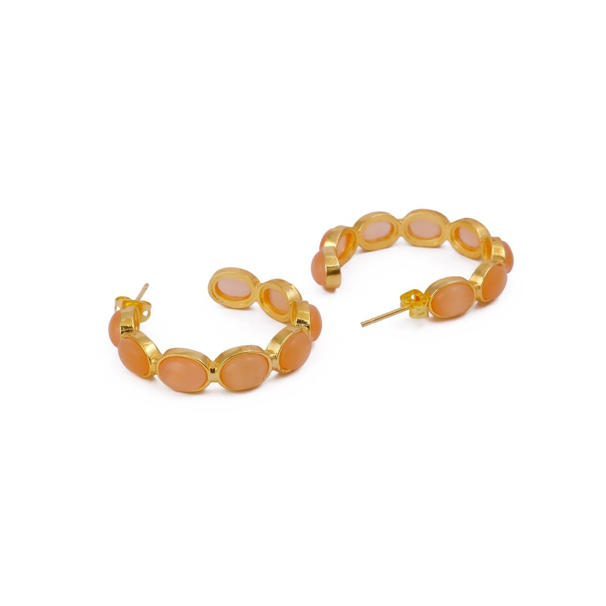 Natural Gemstone Pink Cats Eye Hoop Earrings, Gold Plated Birthstone Jewelry CE-1005
