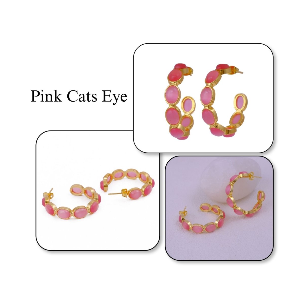 Natural Gemstone Pink Cats Eye Hoop Earrings, Gold Plated Birthstone Jewelry CE-1005