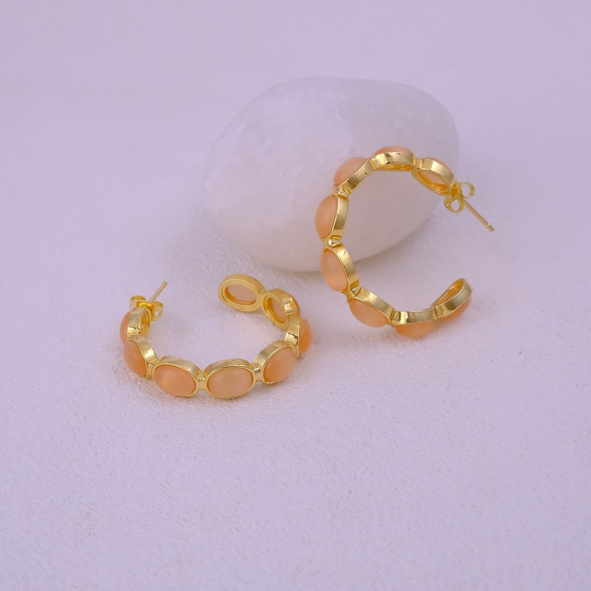 Natural Gemstone Pink Cats Eye Hoop Earrings, Gold Plated Birthstone Jewelry CE-1005