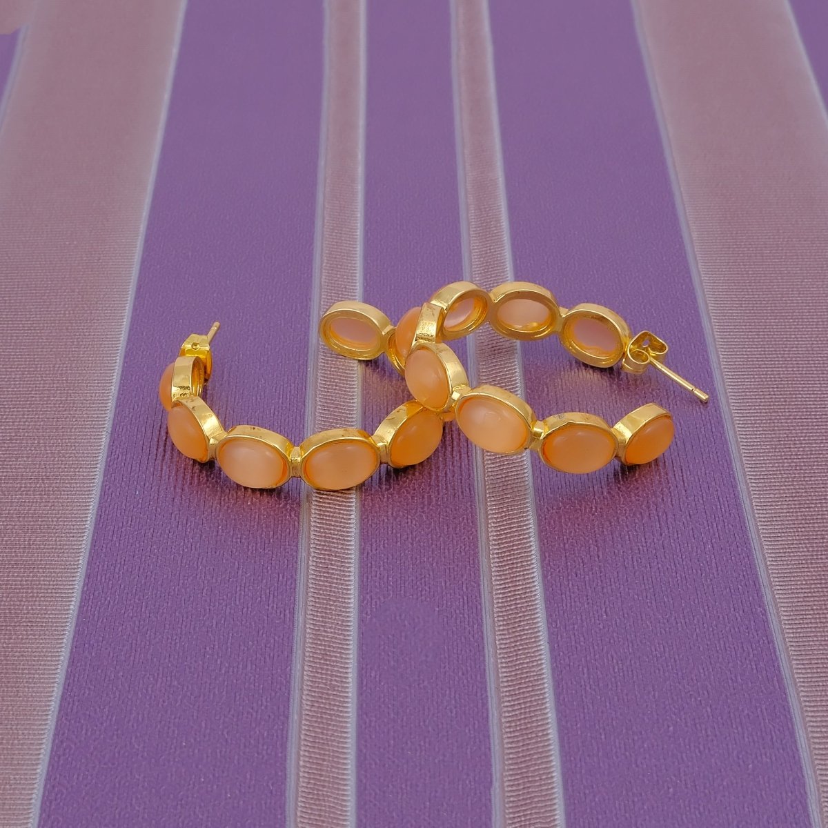 Natural Gemstone Pink Cats Eye Hoop Earrings, Gold Plated Birthstone Jewelry CE-1005