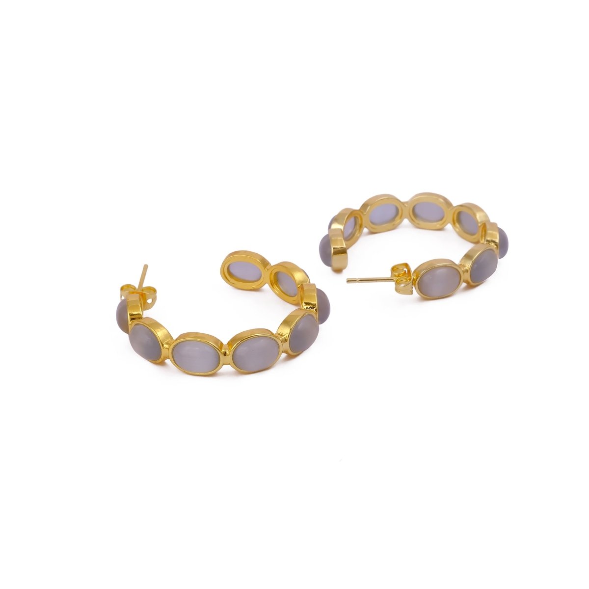 Natural Gemstone Pink Cats Eye Hoop Earrings, Gold Plated Birthstone Jewelry CE-1005
