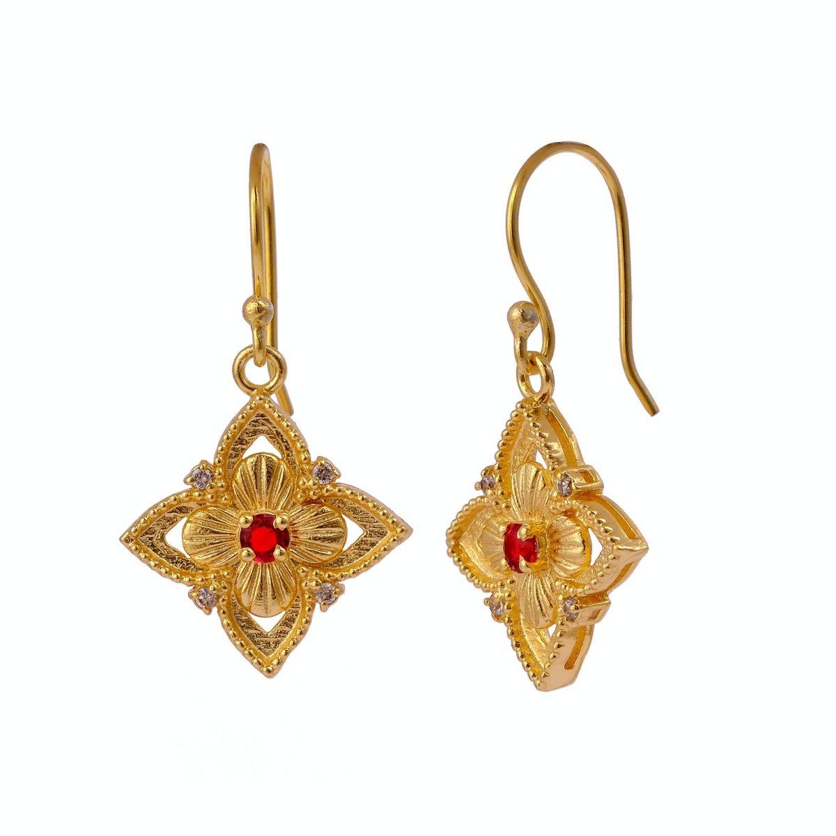 Natural Gemstone Red Garnet, Gold Plated Floral Filigree Dangle Earrings 5383