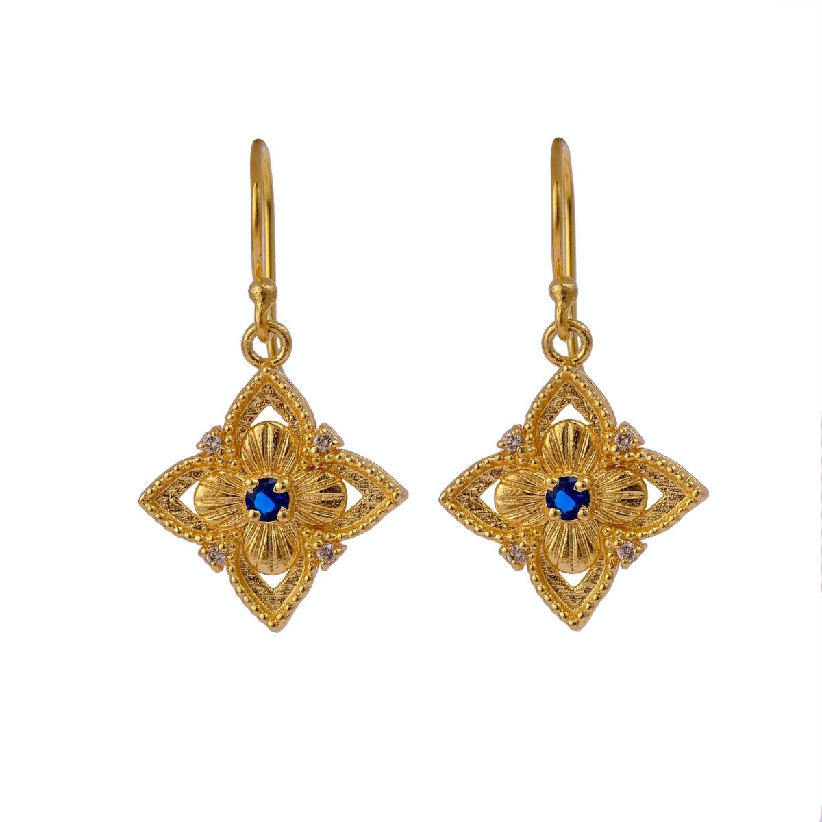 Natural Gemstone Red Garnet, Gold Plated Floral Filigree Dangle Earrings 5383
