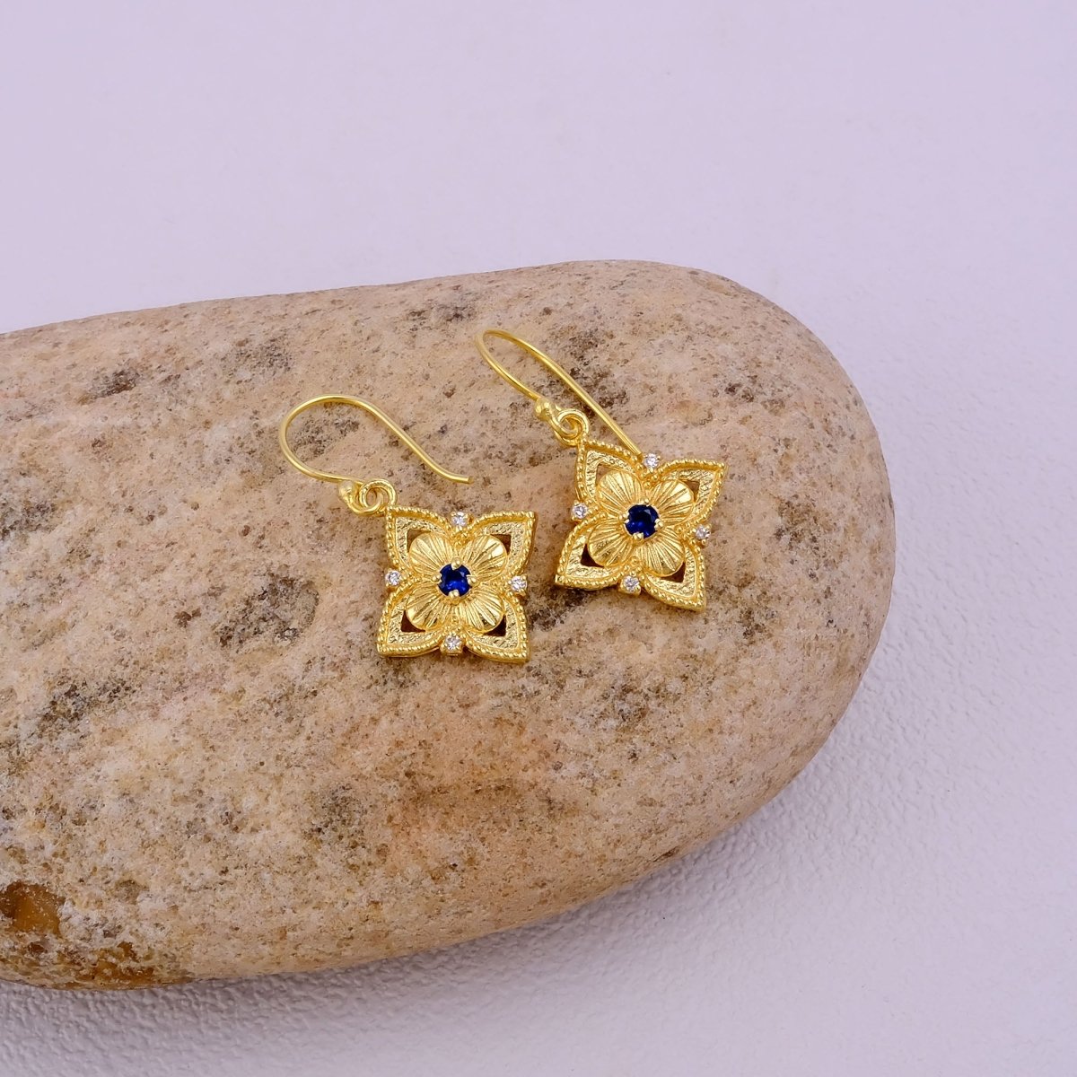 Natural Gemstone Red Garnet, Gold Plated Floral Filigree Dangle Earrings 5383