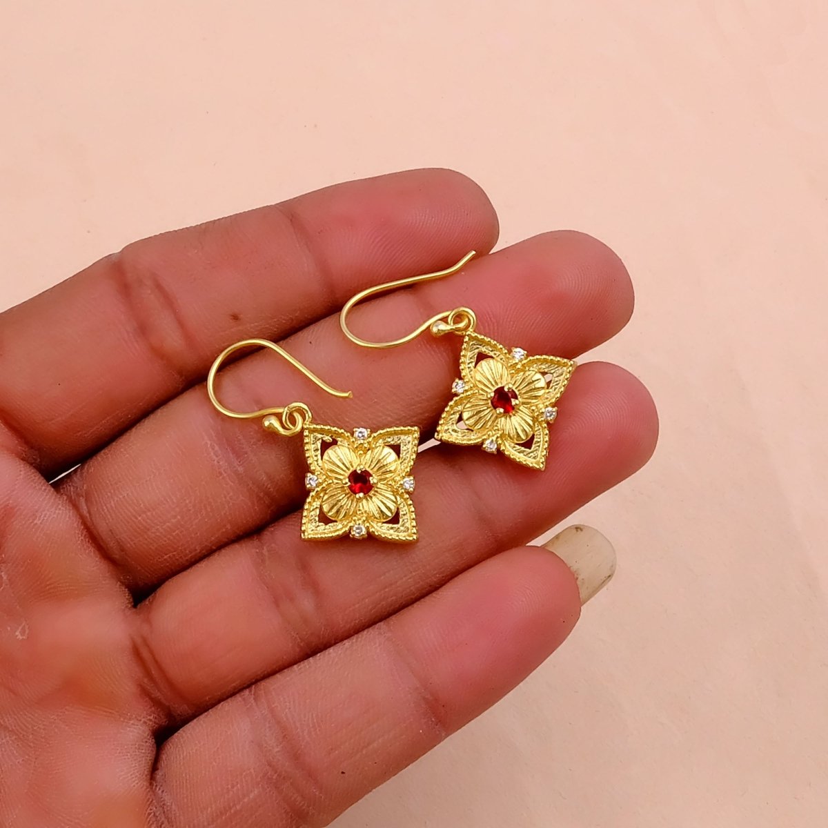 Natural Gemstone Red Garnet, Gold Plated Floral Filigree Dangle Earrings 5383
