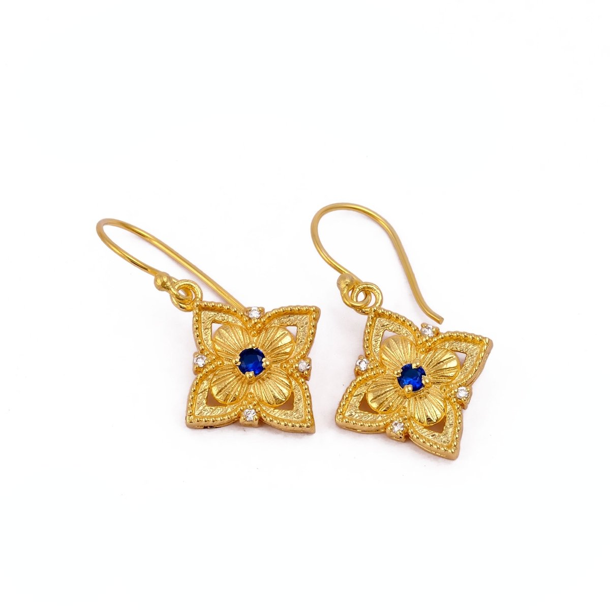 Natural Gemstone Red Garnet, Gold Plated Floral Filigree Dangle Earrings 5383