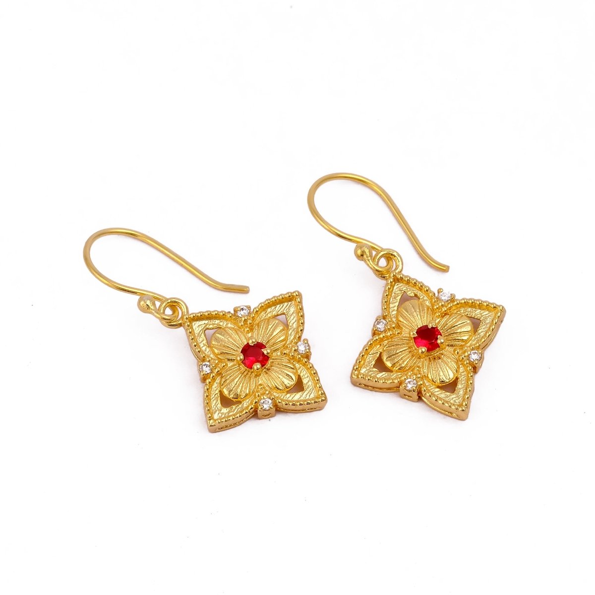 Natural Gemstone Red Garnet, Gold Plated Floral Filigree Dangle Earrings 5383