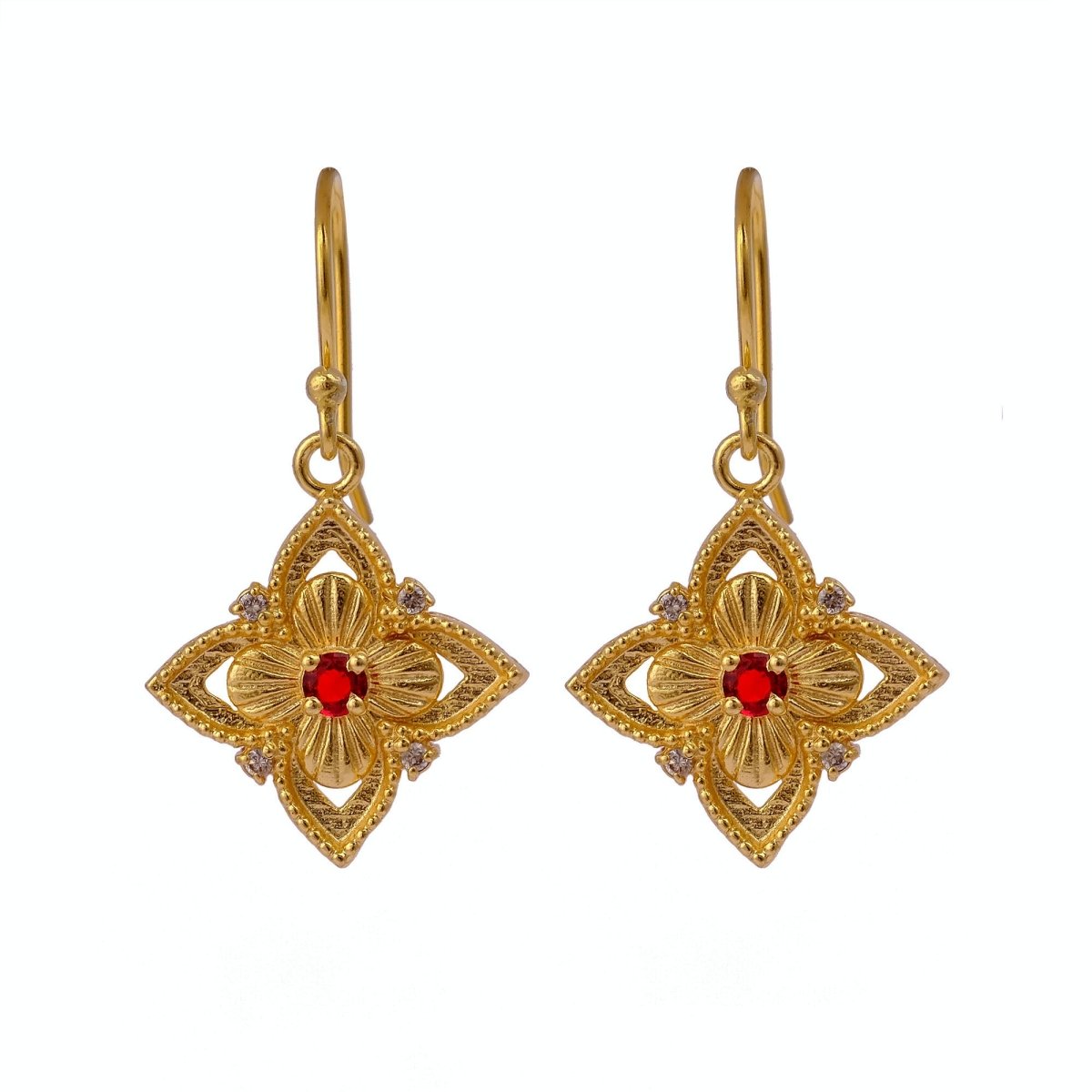 Natural Gemstone Red Garnet, Gold Plated Floral Filigree Dangle Earrings 5383