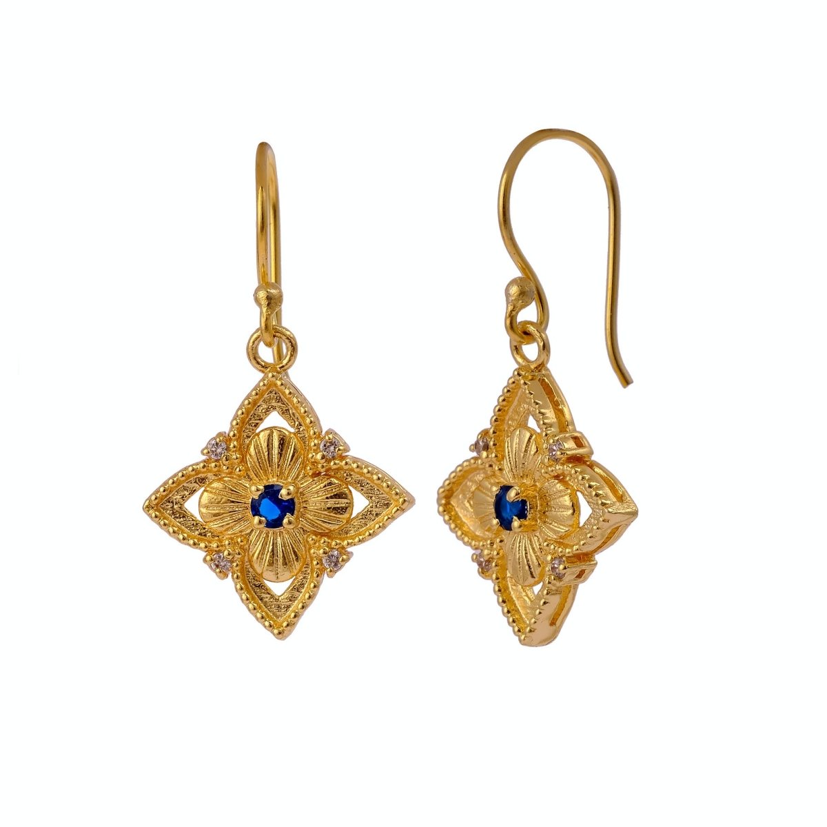 Natural Gemstone Red Garnet, Gold Plated Floral Filigree Dangle Earrings 5383 Iolite