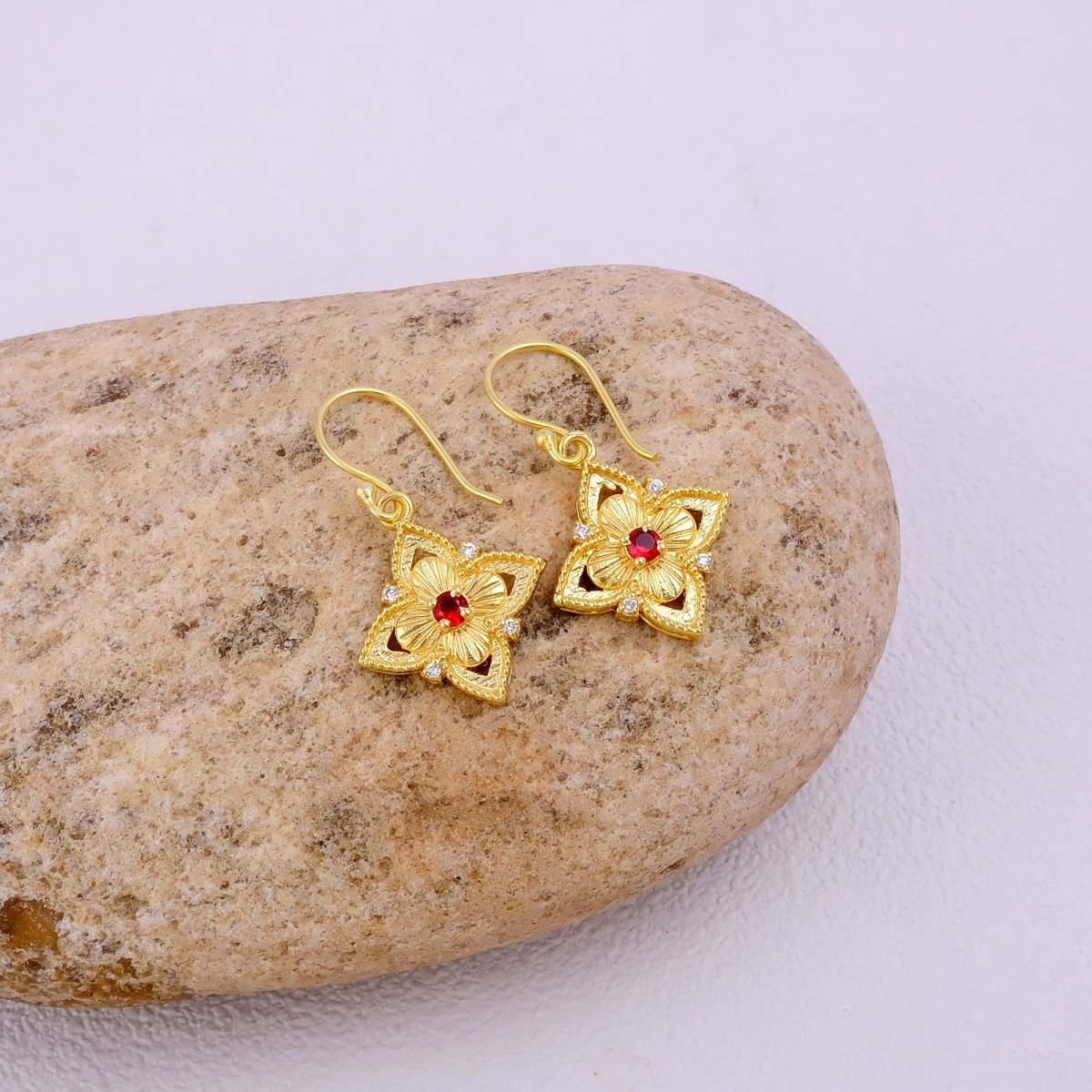 Natural Gemstone Red Garnet, Gold Plated Floral Filigree Dangle Earrings 5383