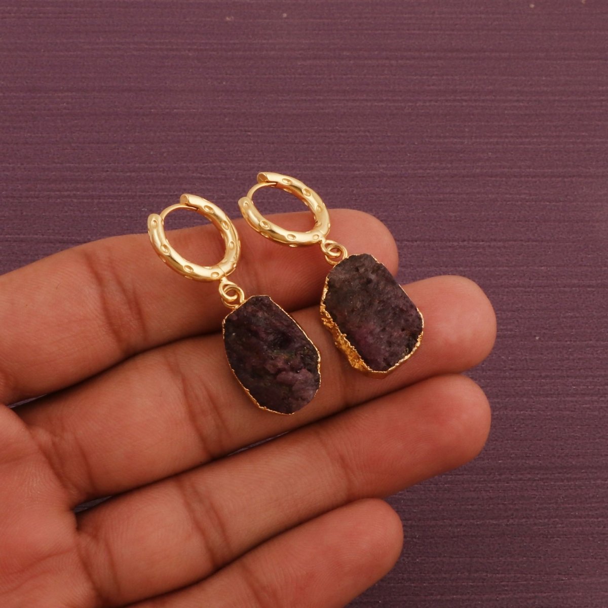 Natural Gemstone Ruby Drop Hoop Earrings, Raw Stone Statement Jewelry 5216