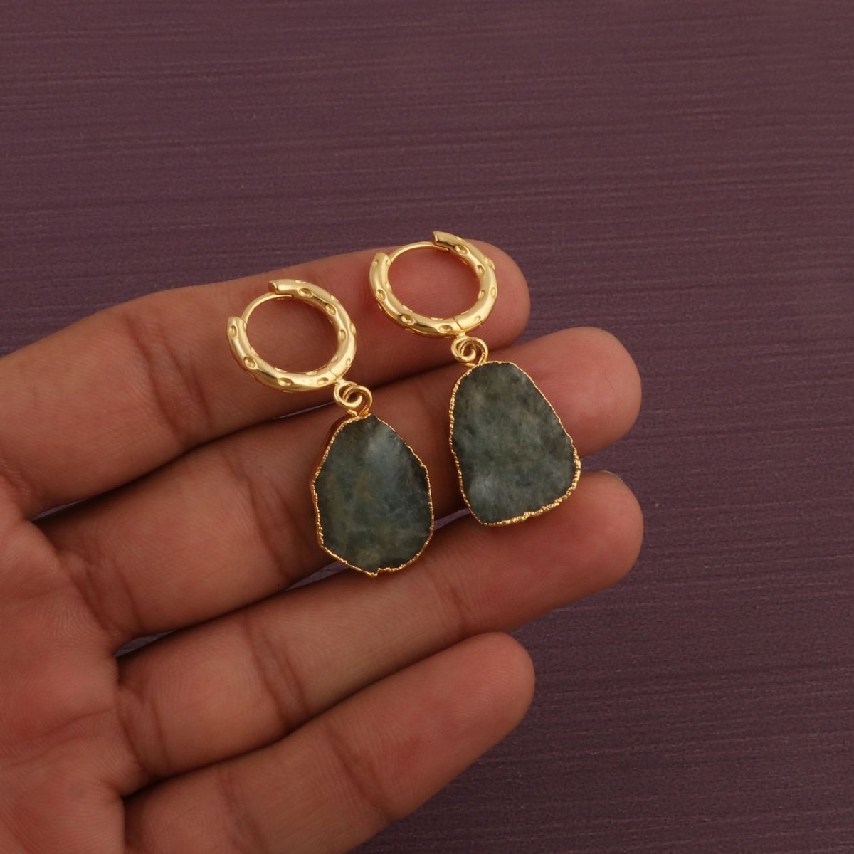 Natural Gemstone Ruby Drop Hoop Earrings, Raw Stone Statement Jewelry 5216